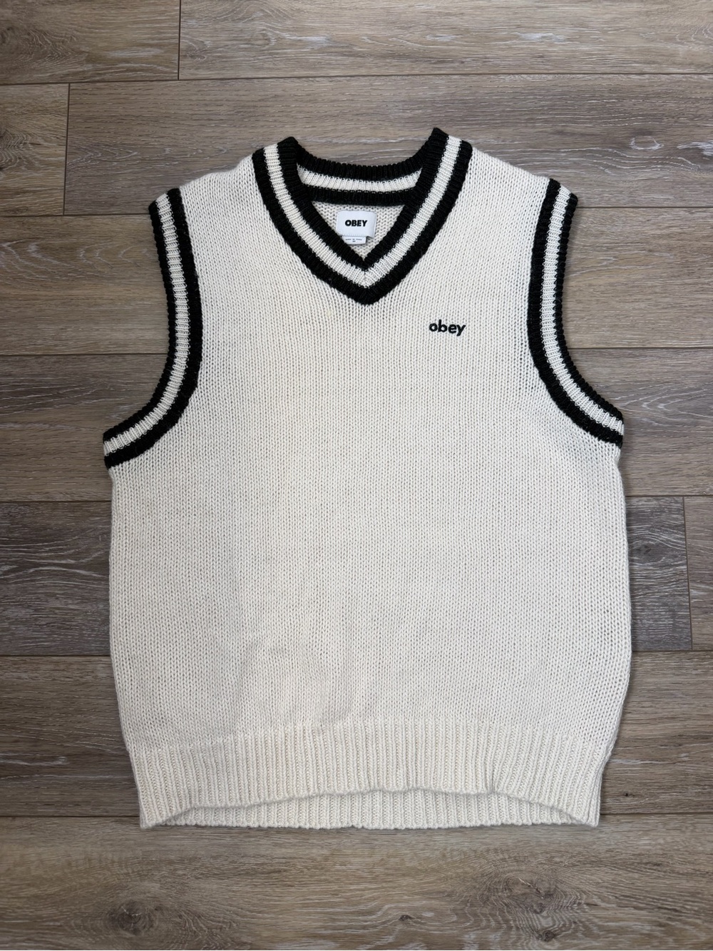 Obey Cream V-Neck Knit Sweater Vest with Black Trim